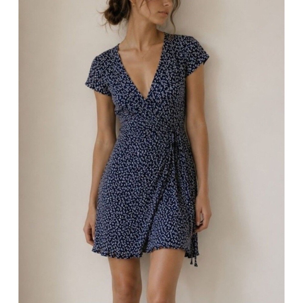 Brandy Melville Wrap Mini Dress Midnight Blue Ditsy Floral Size XS Viscose